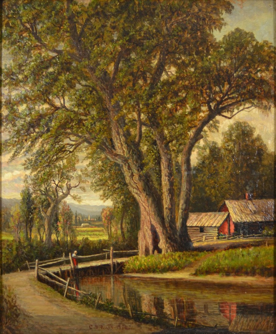 O/C Pastoral Scene by Charles B. Russ: Medium: Oil Support: Canvas Artist: Charles B. Russ Artist Dates: (1825 - 1920) Country of Origin: United States of America Title & Description: Painting depicts a pastoral scene with a female figure.