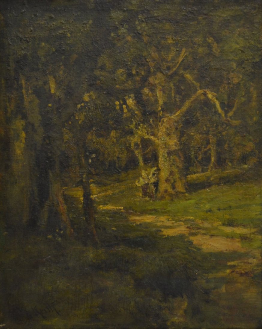 O/C 'Children In The Woods' by William Keith: Medium: Oil Support: Canvas Artist: William Keith Artist Dates: 1838 - 1911 Country of Origin: America Title & Description: Painting depicts two children dwarfed by imposing trees along a path. Signat