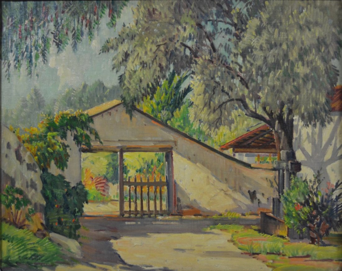 O/CB "Pala Mission California" by Cimiotti: Medium: Oil Support: Canvasboard Artist: Gustave Cimiotti Jr. Artist Dates: 1875 - 1969 Country of Origin: United States of America Title & Description: Painting depicts the Mission San Antonio de Pal