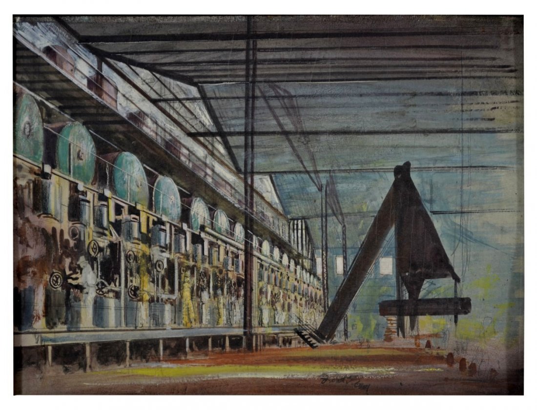 W/C/G "Domino(?)Sugar Refinery" Robert L. Benney: Medium: Watercolor, gouache, penc Support: Canvasboard Artist: Robert L. Benney Artist Dates: 1904 - 2001 Country of Origin: America/ Romania Title & Description: Painting depicts a sugar refinery lik