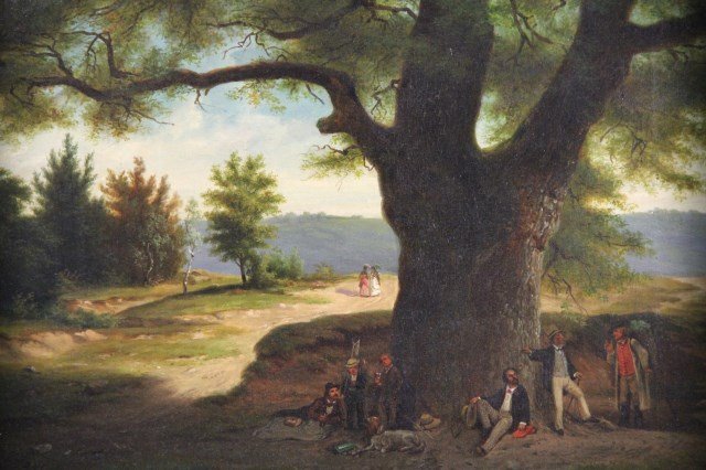 O/C 'Picnic Under the Shade Tree' illegible sig.: Medium: Oil Support: Canvas Artist: American, illegibly signd Artist Dates: second half 19th century Country of Origin: American Title & Description: 'Picnic Under the Shade Tree' depicts men drinking