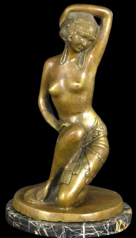 Bronze, Partially Nude Female, Marble Base: Title & Description: Depicts a partially nude woman. Artist: Unknown Dates: Unknown Country of Origin: Unknown Foundry Mark: None Signature: Unsigned Date: c. 1930 Construction: Cast Base Material: Ma