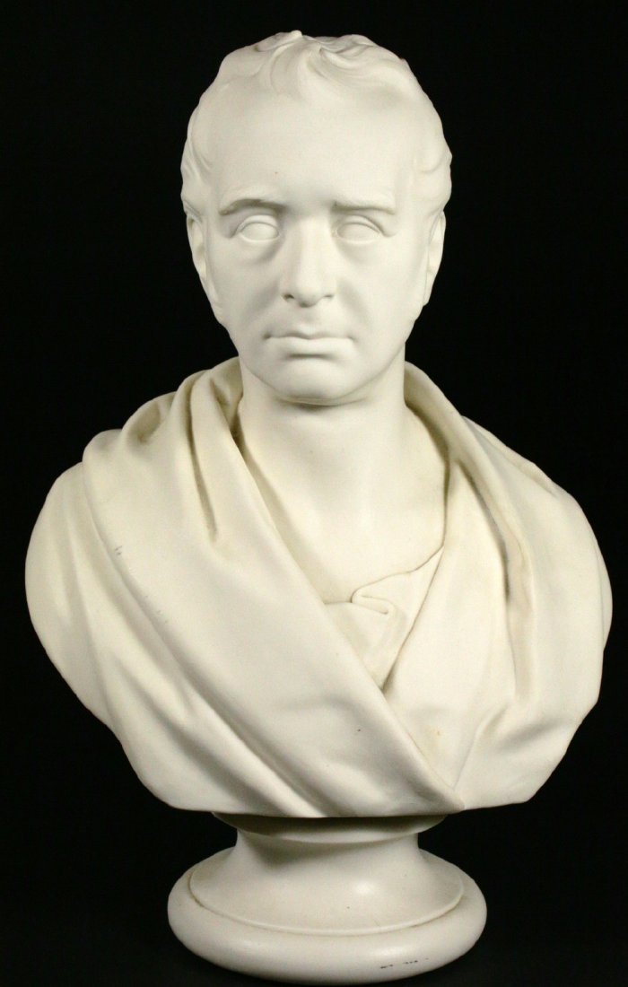 Wedgwood Parian Bust, R. Stephenson: Description: Parian Bust of R Stephenson, 1858, done in bisque porcelain, in a classic Greek style, the back of the bust is stamped Josiah Wedgewood & Sons, Published March 12, 1858, EW Wyon F, R Step