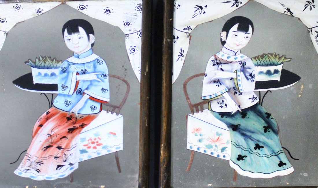 Pair Chinese painting, 19th Century: Description: Courtesans seated next to wrought iron table topped by planters. Reverse painted on glass having part mirror, original mahogany frames, molded with spline joints. Original soft wood dust 