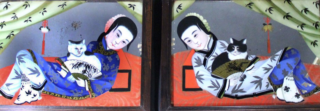 Pair, Chinese painting, 19th Century: Description: Reclining courtesan with fan and cat. Both reverse painted on glass having part mirror. Original mahogany frame with reed molded face, spline jointed and back braced. Original dust cover 