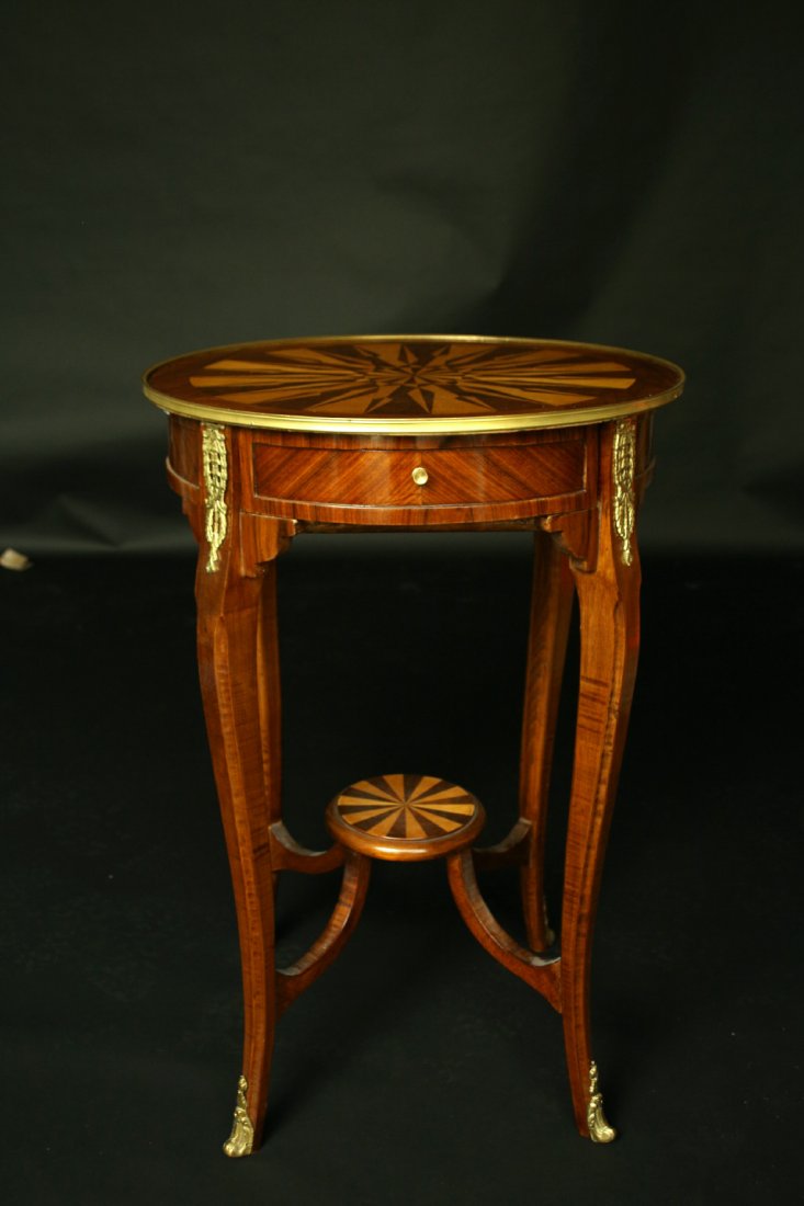 Pedestal, table , late 20th cent.: Description: One drawer pedestal/stand, compass rose and heart parquetry top , ormolu mounts. Late 20th c. Material: Mahogany and birch veneers, other hardws Maker/Artist: Unknown Date: Late 20th cent