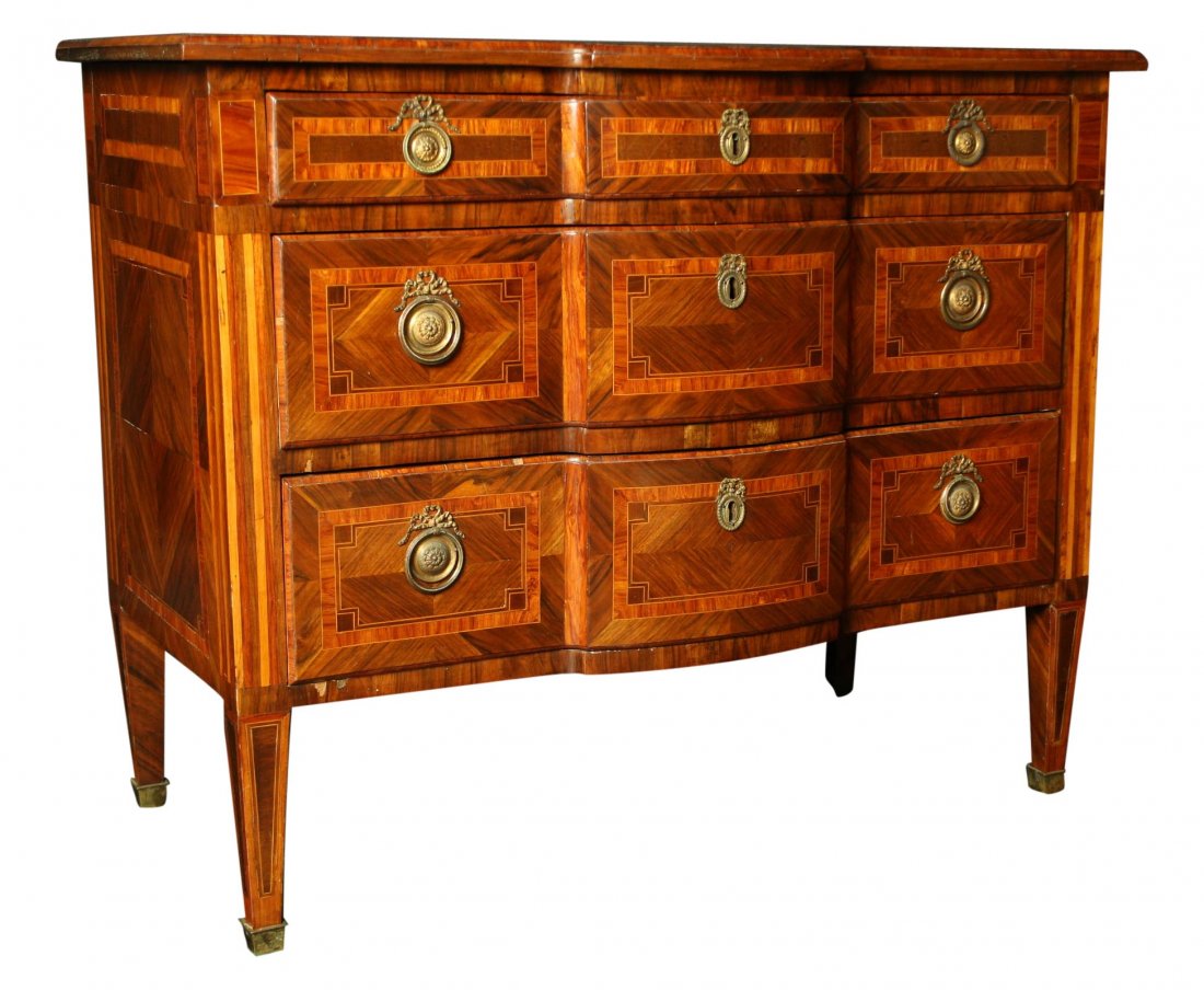 Louis XIV Commode, 3-part, Italian: Description: Lacquer finish, rosewood, mahogany, and birch for contrast. Marquetry top, hand cut banded inlays conforming to the shapes of the top, drawer fronts, and legs, original drawer pulls, righ