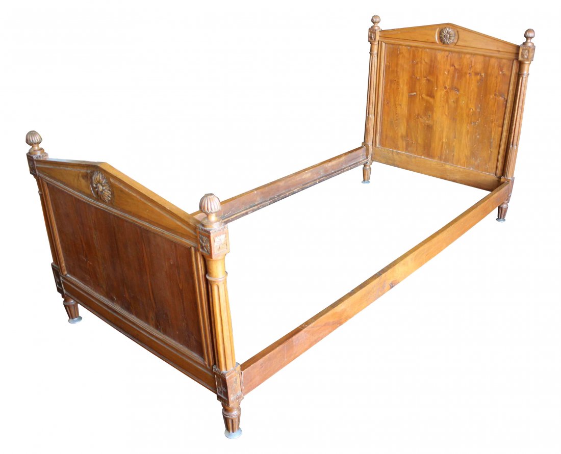 Bed,antique French walnut & pine: Description: Assembled dimensions: H. 45 x W. 42.5 x D. 89.5" -Bed rails are 84 1/2 inches in length. Antique French bed frame, walnut and backboards are knotty pine. The headboard and footboard has f