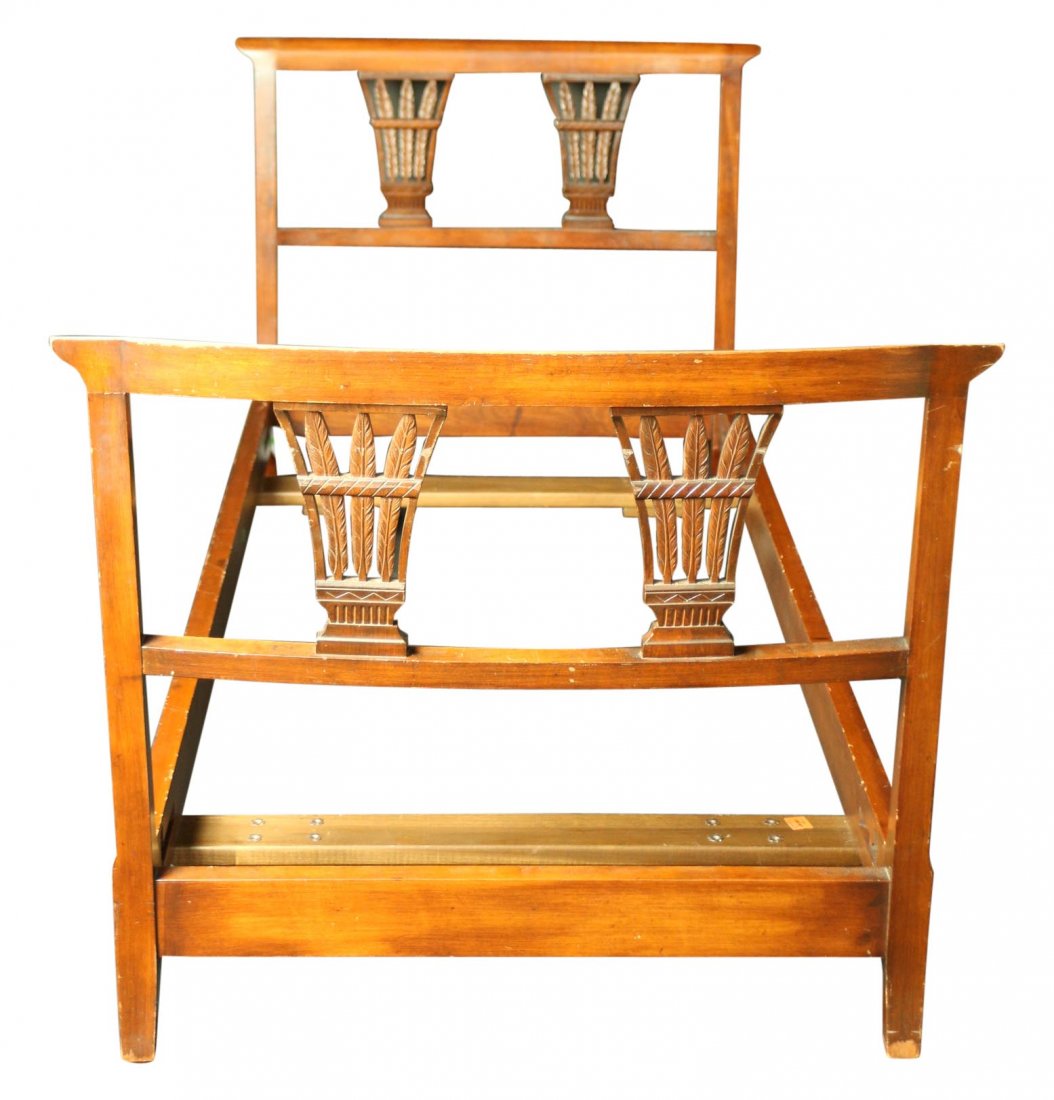 Bed, Hepplewhite, circa 1820: Description: Slats/rails 76 1/8 in lengthAntique hepple white bed frame, in the twin size, has a head board and footboard, with hand carved inserts of framed feathers, raised shoulders on the headboar