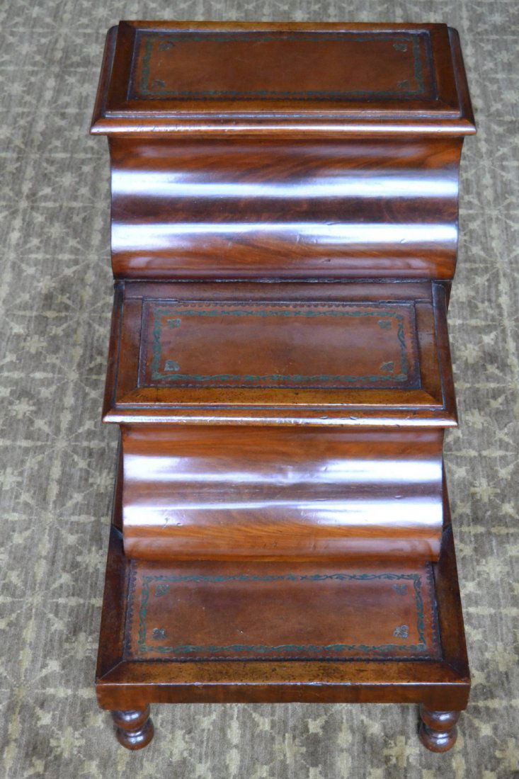 Library steps, c. 1850: Description: Constructed of mahogany with pine secondary wood. The treads lift on one side for storage access. Turned legs, tooled leather treads and risers. Material: Mahogany, pine Maker/Artist: Unk