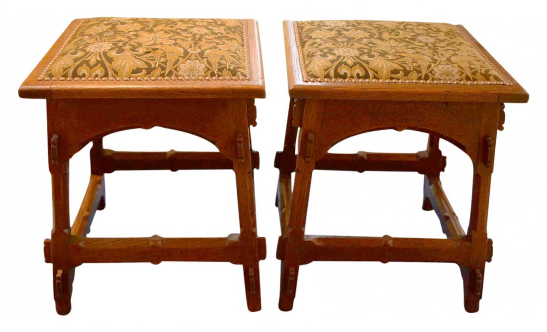 Pair stools, c. 1900: Description: Constructed of oak solids using mortise and tenon joinery. Chamfered stretcher and legs with molded, shaped aprons, recently upholstered seats. Material: Wood Maker/Artist: Unknown Date: 