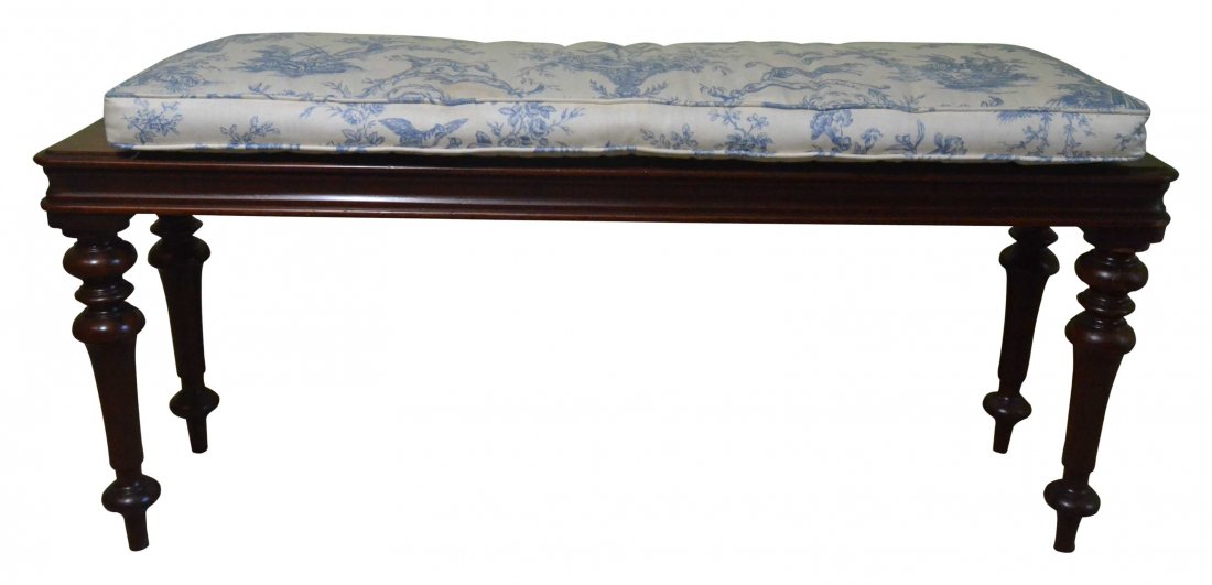 Bench, c.1840: Description: Turned mahogany tapered legs with mahogany apron. Pine secondary wood, patterned blue & cream woven design (recent)upholstery. Material: Mahogany Maker/Artist: Unknown Date: Circa 1840 Pr