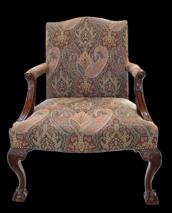 Chair, Carved Legs, Upholstered, Reproduction: Description: Carved legs, ball and claw front feet. Newly upholstered with matching pillow. Material: Wood, fabric Maker/Artist: Unknown Date: Recent manufacture Provenance: Whitenack Estate of Napl