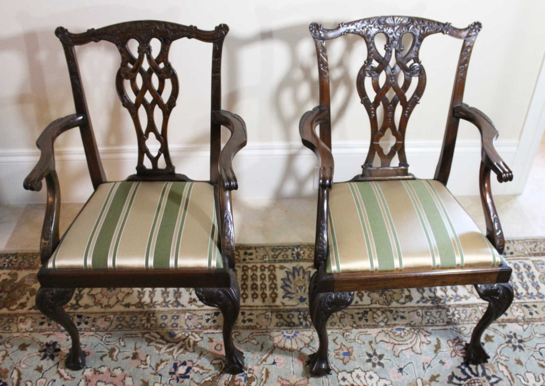 Pair chairs,good quality Chippendale reproduction: Description: Chairs in the Chippendale style constructed of mahogany solids. Made in the same manner as an 18th century chair and having a silk fabric. Material: Wood, Silk Maker/Artist: Unknown Date: