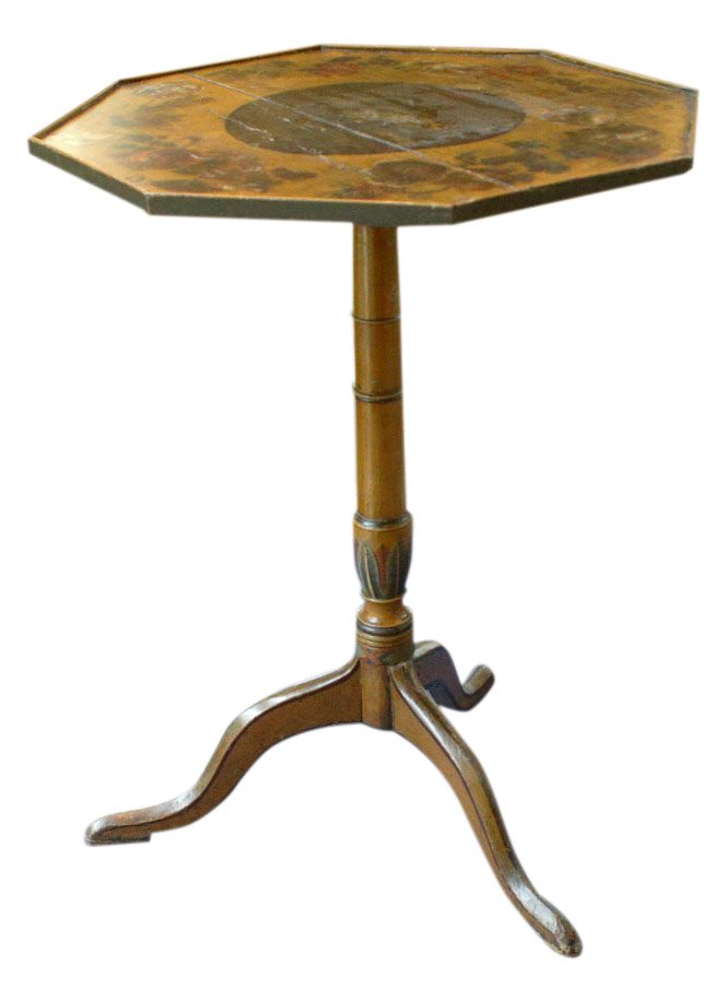 Tilt tea table, painted c. 1820: Description: Paint decorated, with roses around a central circle that holds a butterfly in mahogany. Octagon shape, tilt top tea table. Material: Mahogany Maker/Artist: Unknown Date: Circa 1820 Proven