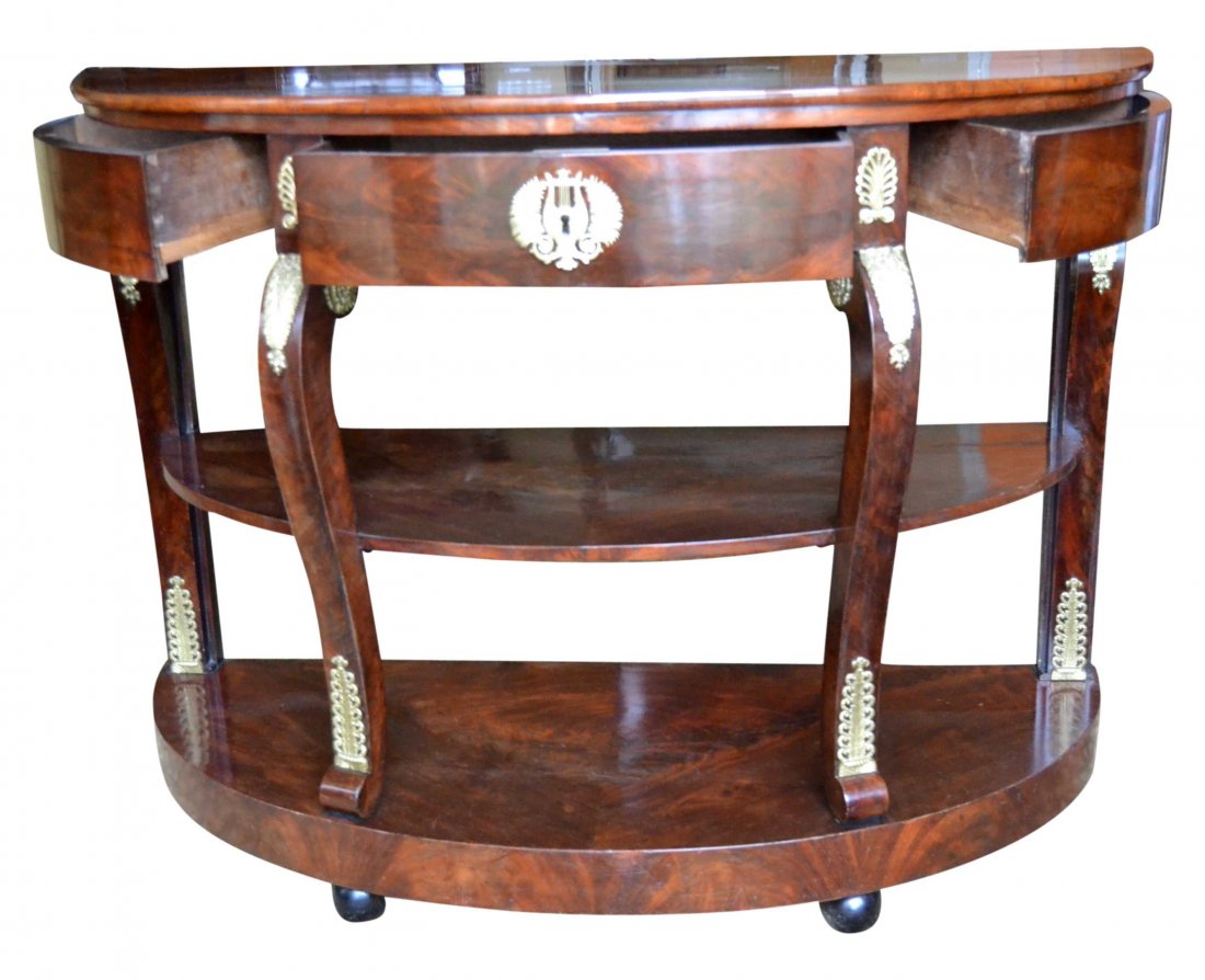 Pier Table,Mahogany/Oak, 3 Drawers, c. 1840: Description: Constructed of mahogany with oak as secondary wood. Demilune shaped with selected grain veneers. Three drawers, ball turned back feet. Material: Mahogany, Oak Maker/Artist: Unknown Date: