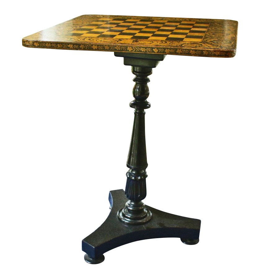 Game table, ebonized wood, mahogany, c. 1830: Description: Game table, Regency on ebonized wood with mahogany support. Top of table decoration is paint decorated over birch using stencil and hand brush work for finer areas. Material: Ebonized woo