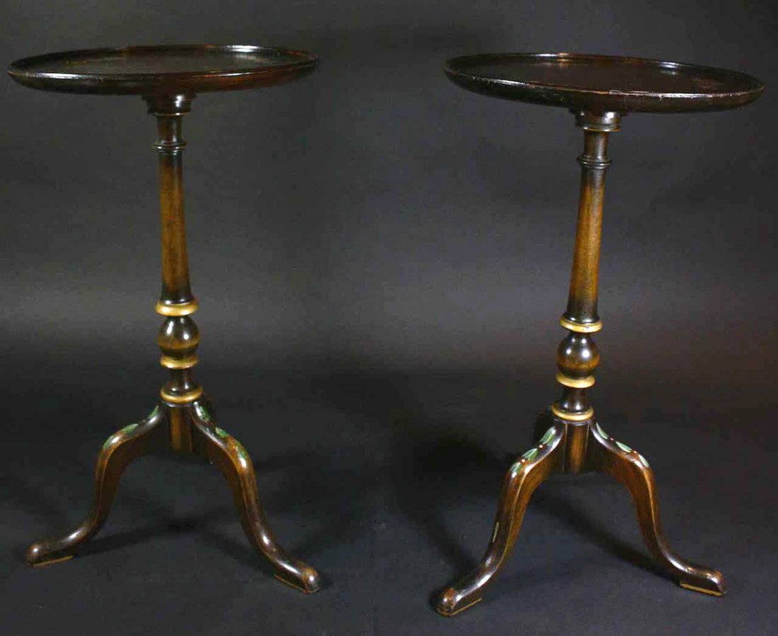 Pair Diminutive Tea Tables, c. 1920: Description: Constructed of wood solids with original floral decoration on top & knees. Material: Wood Maker/Artist: Unknown Date: Circa 1920 Provenance: Whitenack estate of Naples, Florida S