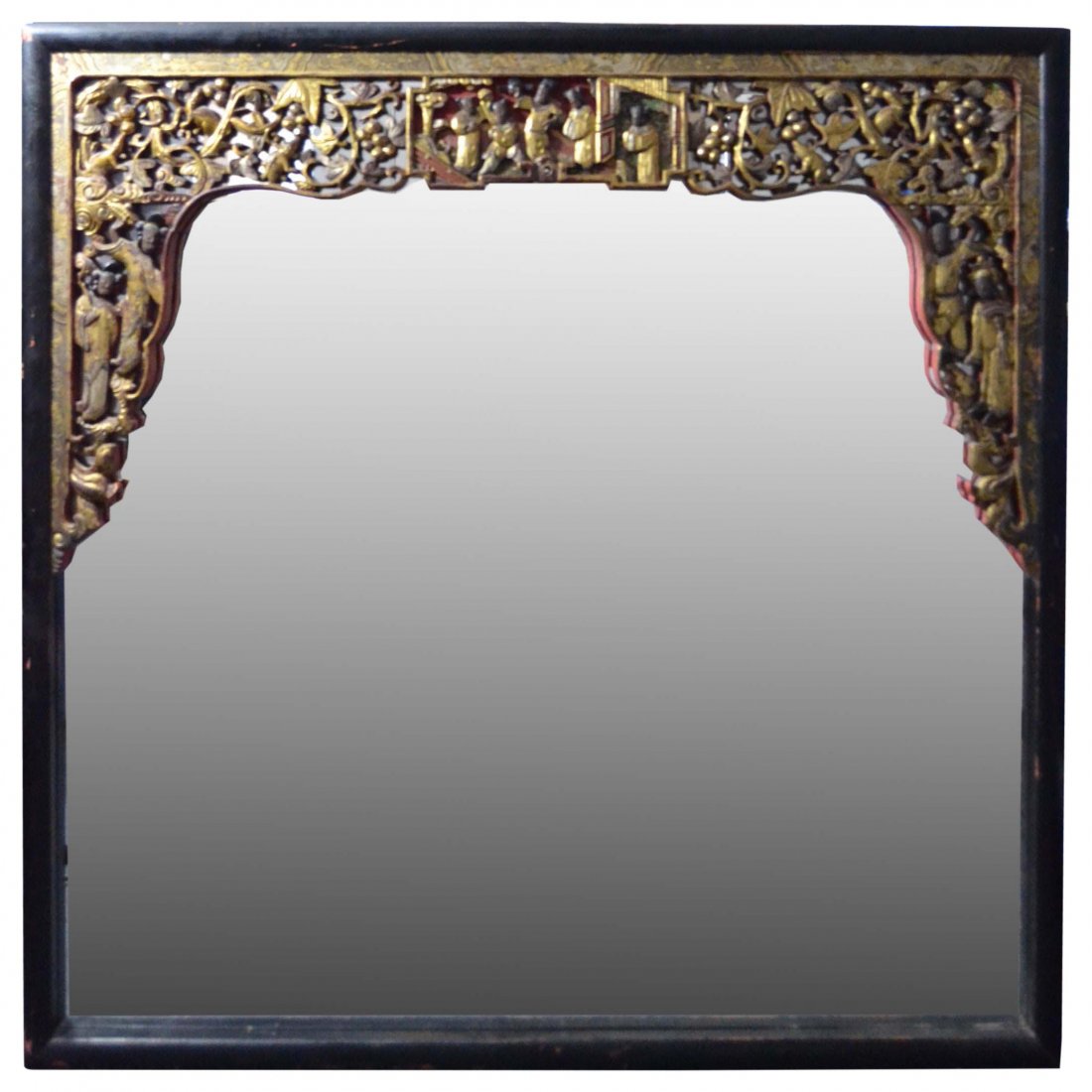 Mirror, Carved Chinese, paint, gilt, c 1940: Description: A Chinese carved mirror, with gilt in the frame. The frame of the mirror has traditional Chinese carving around it. Material: Glass, Gilt Maker/Artist: Chinese School Date: Circa 1940 Pro
