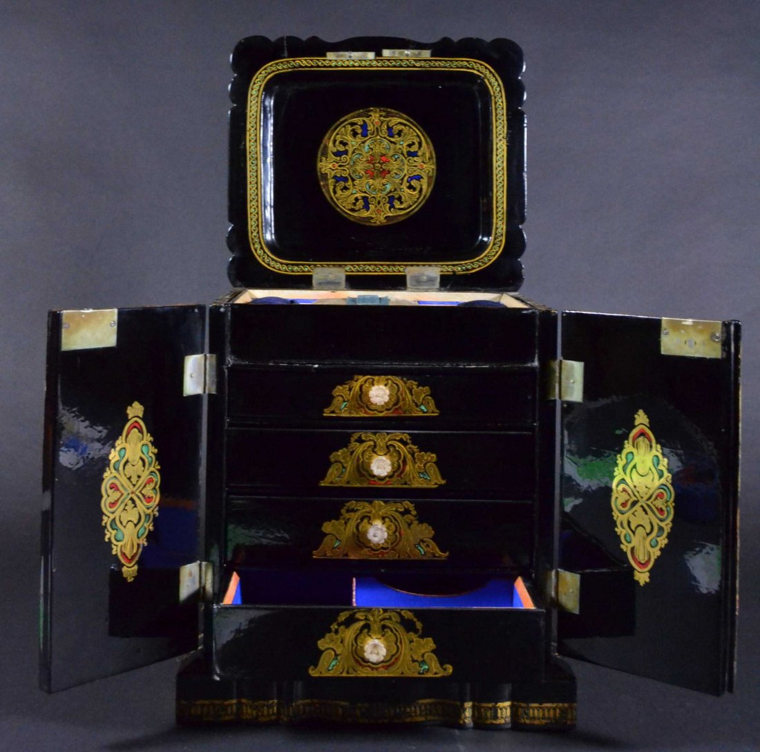 Box, Jewelry, Paint & Gilt Decorated, c. 1860: Description: Mother-of-Pearl inlays; the centerpiece painting is titled 'Guys Cliff House'. Carved ivory pulls, velvet & satin interior. Hardware marked ' Patent', with a crown VR. Front painting is i