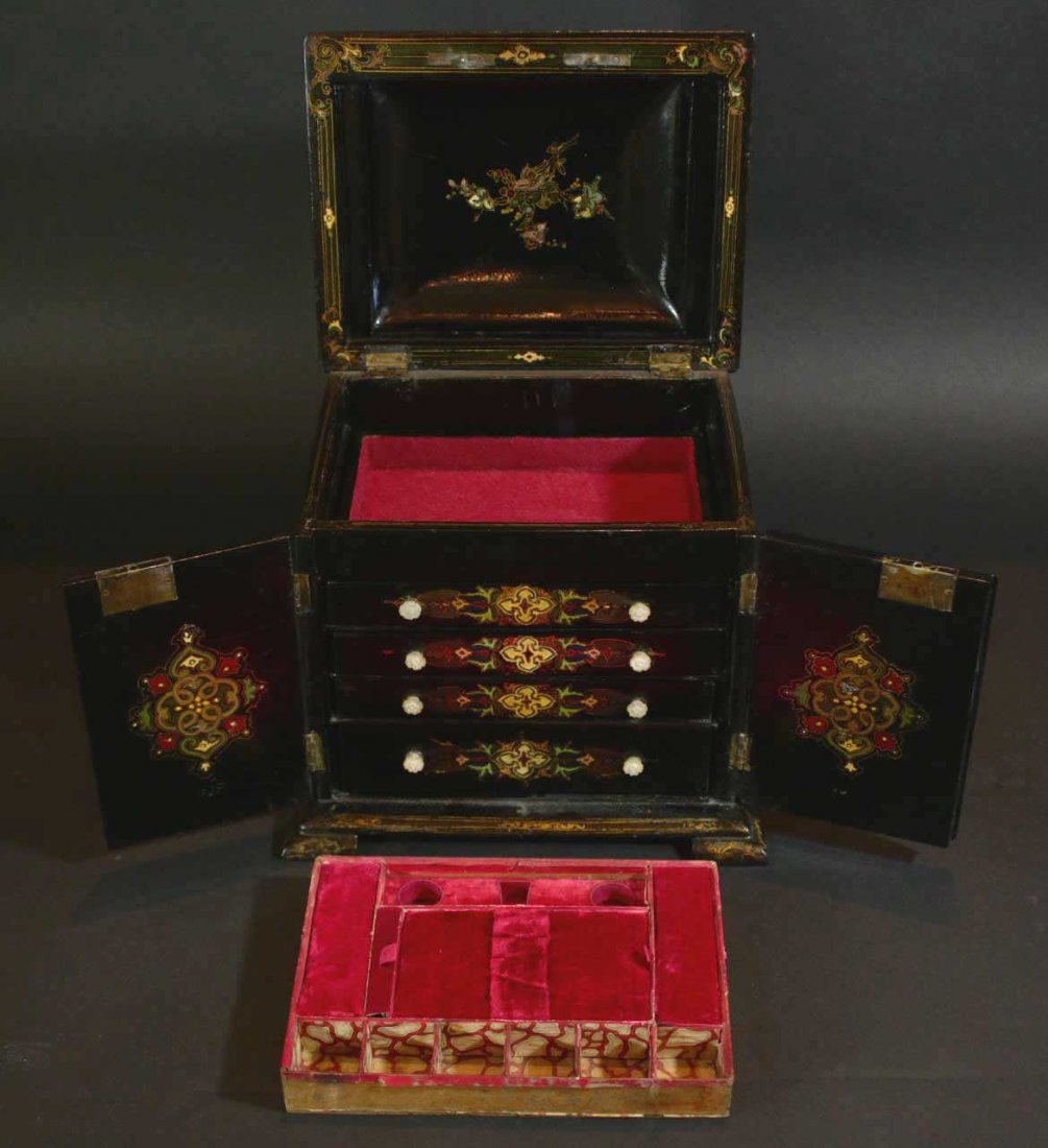 Box, Jewelry, Writing, Sewing England c. 1870: Description: Papier mache & wood having black lacquer decoration. Inlaid Mother-of-Pearl with gilt highlights. Top tray, velvet lined, offers a sewing tray, with dividers. Lift-out sewing tray, then t
