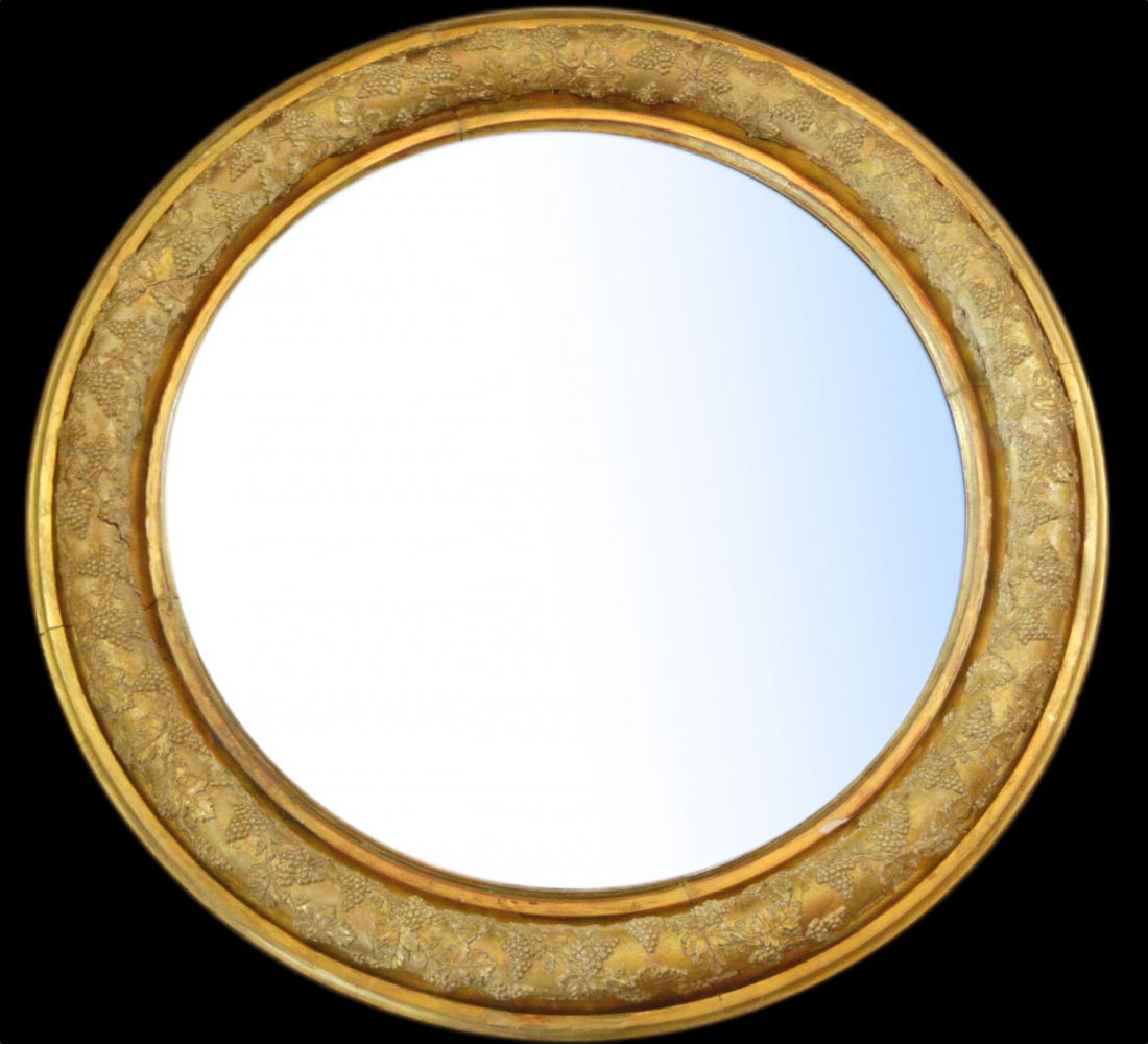 Convex Mirror, c. 1870: Description: Convex Mirror, c. 1870, gilt & paint frame having a convex shaped glass mirror with medial grape & vine motif. Material: Wood and glass Maker/Artist: Unknown Date: Circa 1870 Provenance: