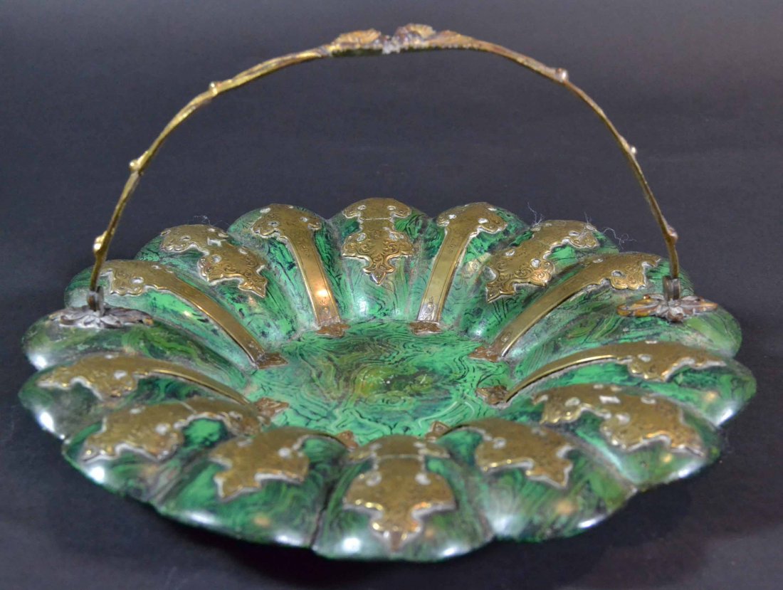 Faux Painted Tray, c. 1870: Description: Papier mache with realistic faux malachite paint, engraved brass mounts and handle in a sunflower form. Material: Papier Mache Maker/Artist: Unknown Date: Circa 1870 Provenance: Whitena