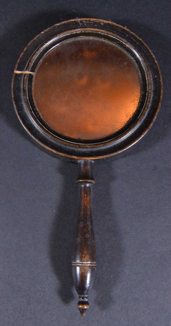 Mirror, Hand, 2-sided, Mahogany Georgian, c1820: Description: Georgian, two-sided mirror in mahogany frame, with original hanging ring and turned handle. English c 1820. Material: Mahogany Date: c. 1820 Provenance: Whitenack Estate of Naples, Florid