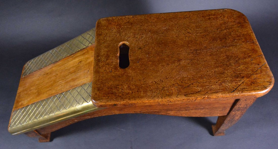 Shoe Shiner's Stool, c.1910: Description: Oak construction, brass wear plates with diamond pattern. Material: Oak wood and Brass Maker/Artist: Unknown Date: Circa 1910 Provenance: Whitenack Estate of Naples, Florida Size