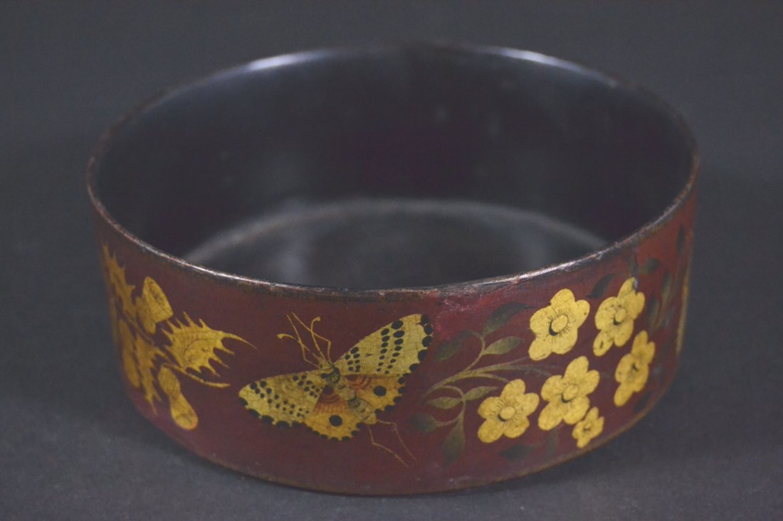 Wine Bottle Coaster, Paper Mache, Gilt, c1830: Description: Single wine bottle coaster, paper mache with gilt decoration and original felt bottom, c. 1830. Material: Paper Mache Maker/Artist: Unknown Date: c 1830 Provenance: Whitenack Estate of