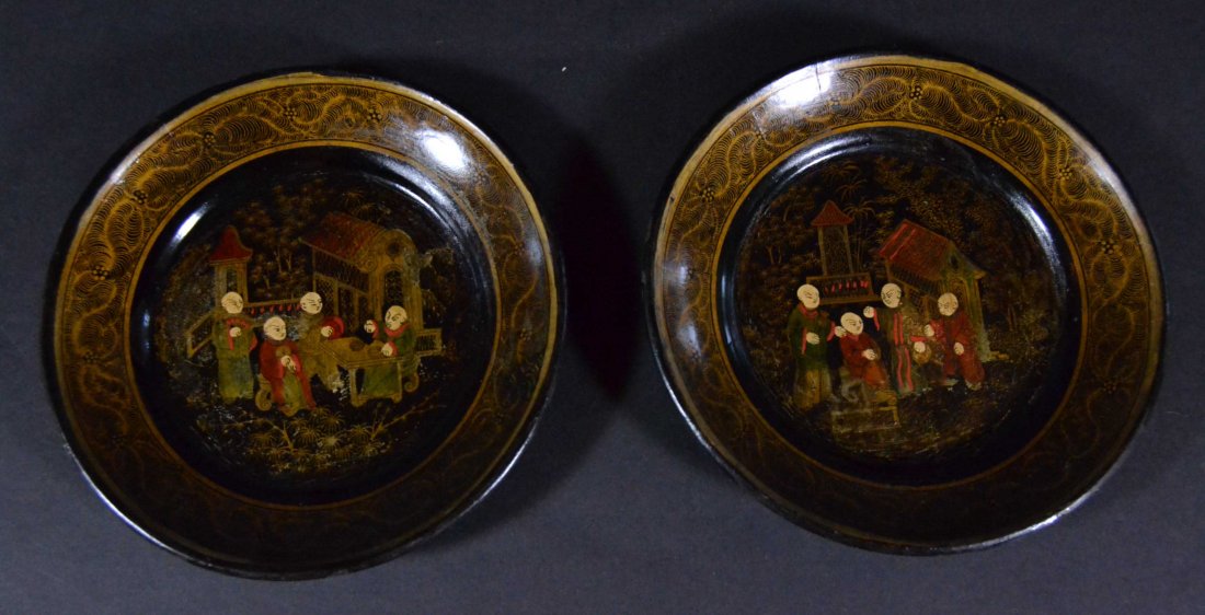 Wine Coasters Pr, Paper Mache, Chinoisserie: Description: Mid-19th C pair of paper mache wine bottle coasters with vivid, poly-chromed Chinoisserie decoration. Material: Papier Mache Maker/Artist: Chinese Date: Mid -19th century Provenance: W