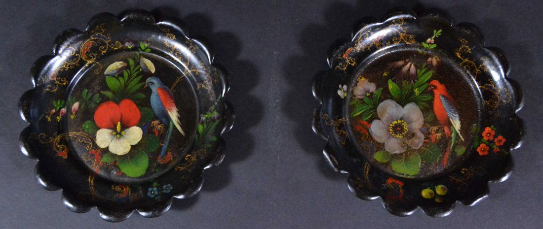 Wine Coasters, Pr Toleware, ptd Birds, c. Eng1830: Description: Pair of toleware wine bottle coasters with painted birds and flowers, England, c 1830. Material: Toleware Date: C. 1830 Provenance: Whitenack Estate of Naples, Florida Size of Artwork: