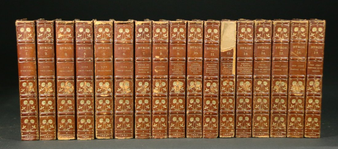 Books (17) Vols by Byron: Description: The Works of Lord Byron: a 17 volume, leather hardbound edition with gilt stamping, and the pattern on the leaves are the same pattern as the marble boards on the book, gilt edging on the