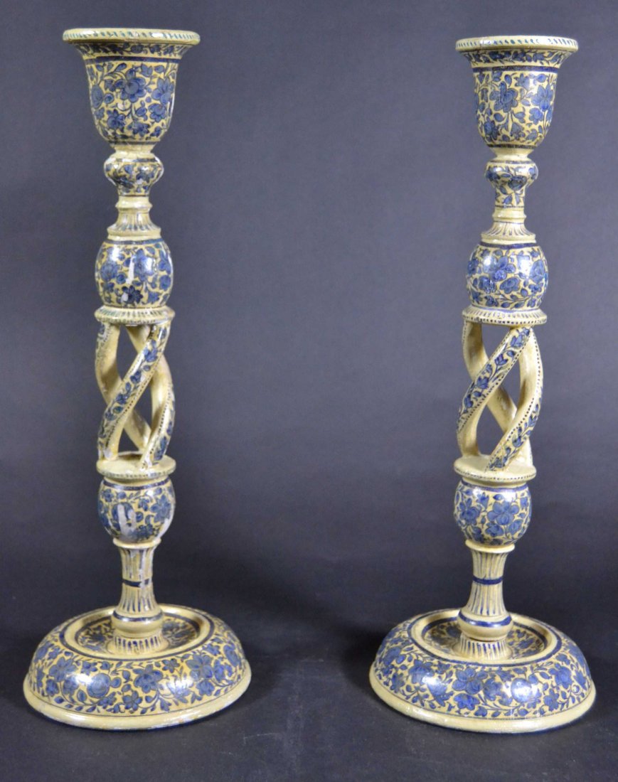 Candlesticks, Pr Papier Mache, Hand Painted 19thC: Description: Hand painted blue floral decoration on a cream color ground. 19th C Material: Papier Mache Maker/Artist: Unknown Date: 19th C Provenance: Whitenack Estate of Naples, Florida Siz