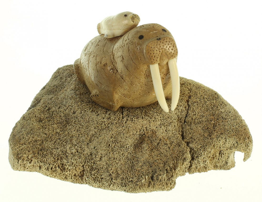 Inuit bone & ivory carving with walrus & cub