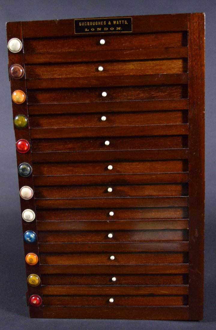 Scorekeeper Billiards Game, Mahogany c.1900: Description: A Burroughes & Watts, London billiards game scorekeeper. Mahogany with color stained ivory turnings and finger slides. Modern screws re-enforcing closure on the back, unseen from front or