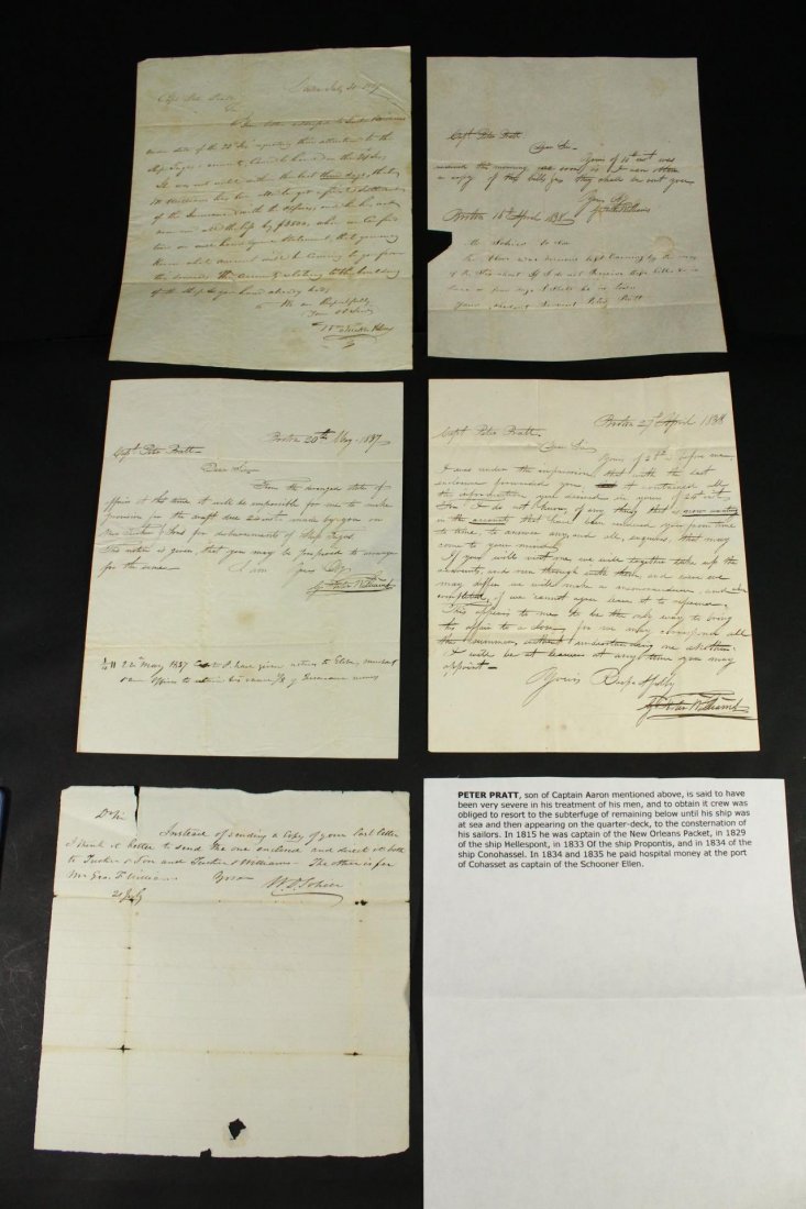 Letter to Caption Pratt of the Schooner Ellen: Description: Letters to Captain Peter Pratt, from the years 1834-1838. Possible inquires about his bills and accounts, possibly from is accountant. Material: Paper Date: 19th century Provenance: n/a