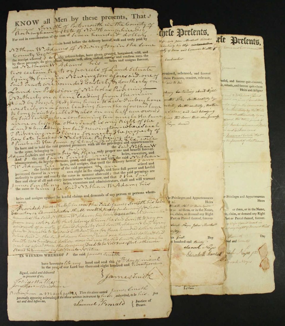 Land Documents from 1820-1821: Description: Item 1: Land documents for the purchase of land for $700 in the county of Rockingham State of New Hampshire in 1821. Nathan W Adams of Portsmouth purchased land from James Smith of Portsm