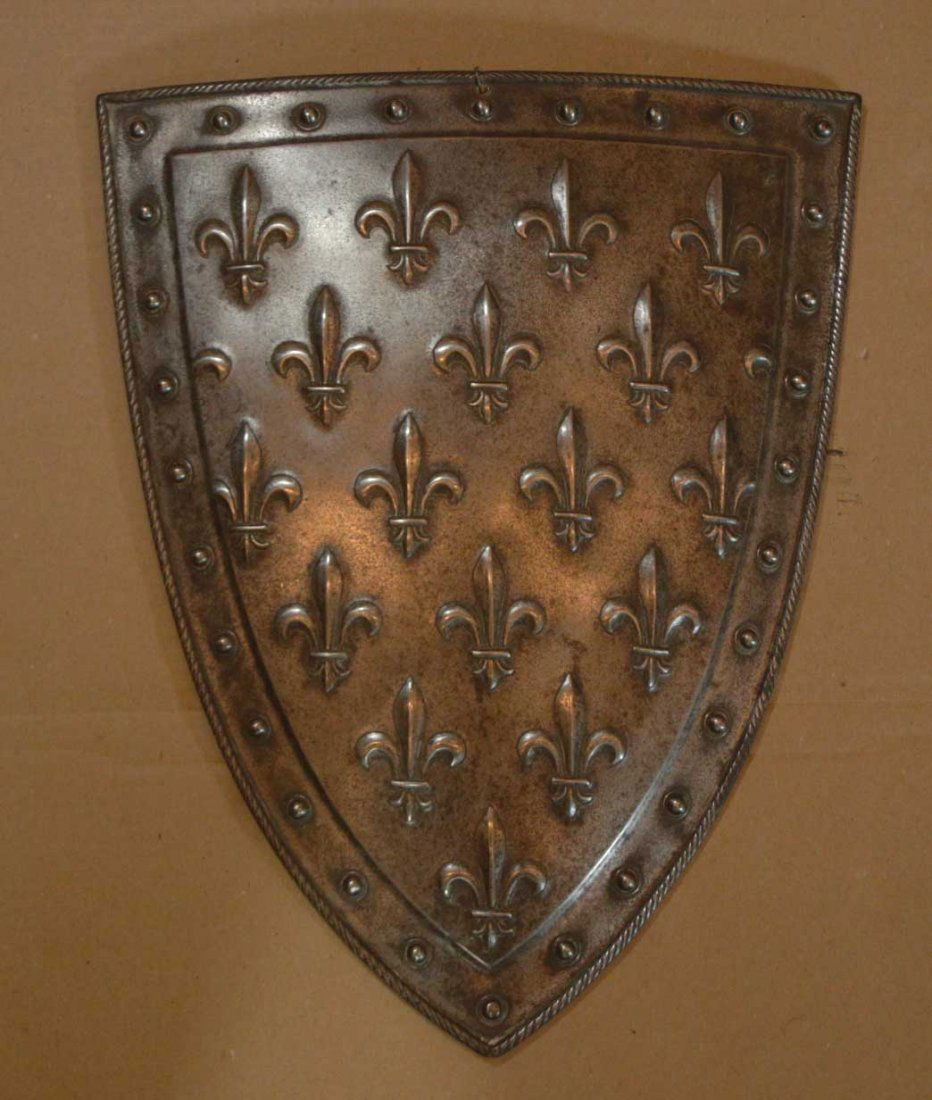 Shield, Iron, Rivet & Rope Border, French, 19th C: Description: Shield, Fleur de Lys, 19th Ciron shield with rivet and rope border, decorated with fleur de dys pattern. Reverse has leather under rivets. Material: Iron Maker/Artist: Unknown Date: 19th