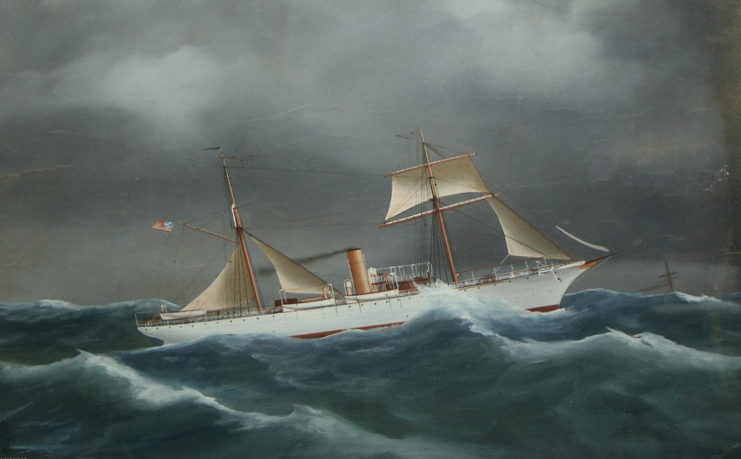 G/P "S. Y. Colombia" De Simone, C. 1895: Description: Portrait of the Steam Yacht Columbia as she graciously withstands rough seas while proudly bearing her American flag under a gray Napoli sky. Black smoke is instantly taken away from her