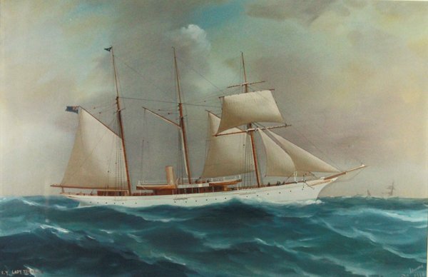 G/P S.Y. "Lady Torfrida", De Simone, c.. 1914: Description: Rendered in gouache, the English three mast barkentine yacht is poised upon rich turquoise waters as billows break all around her under a promising sky of amber, grey and light blue. Arti