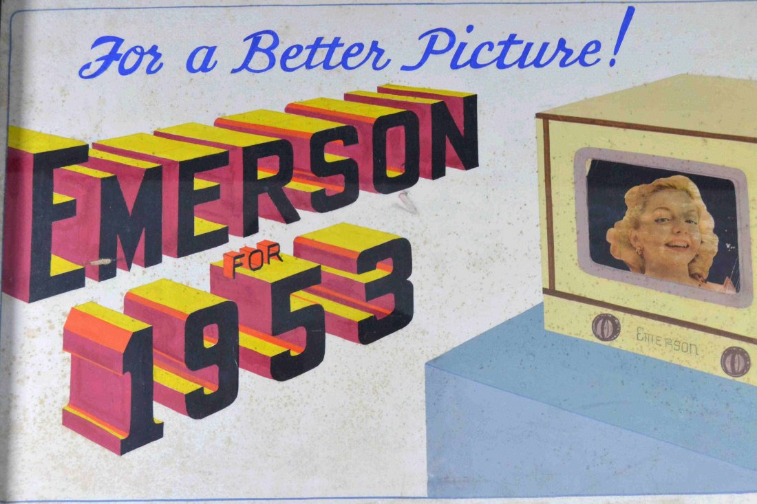 Advertising, Orig Artwork, T. Mills, Emerson 1953: Description: A print advertisement for Emerson Televisions, 1953. The advertisement reads, For a Better Picture! Has a woman’s portrait inside the TV, that is a lithograph and it has been inserted i