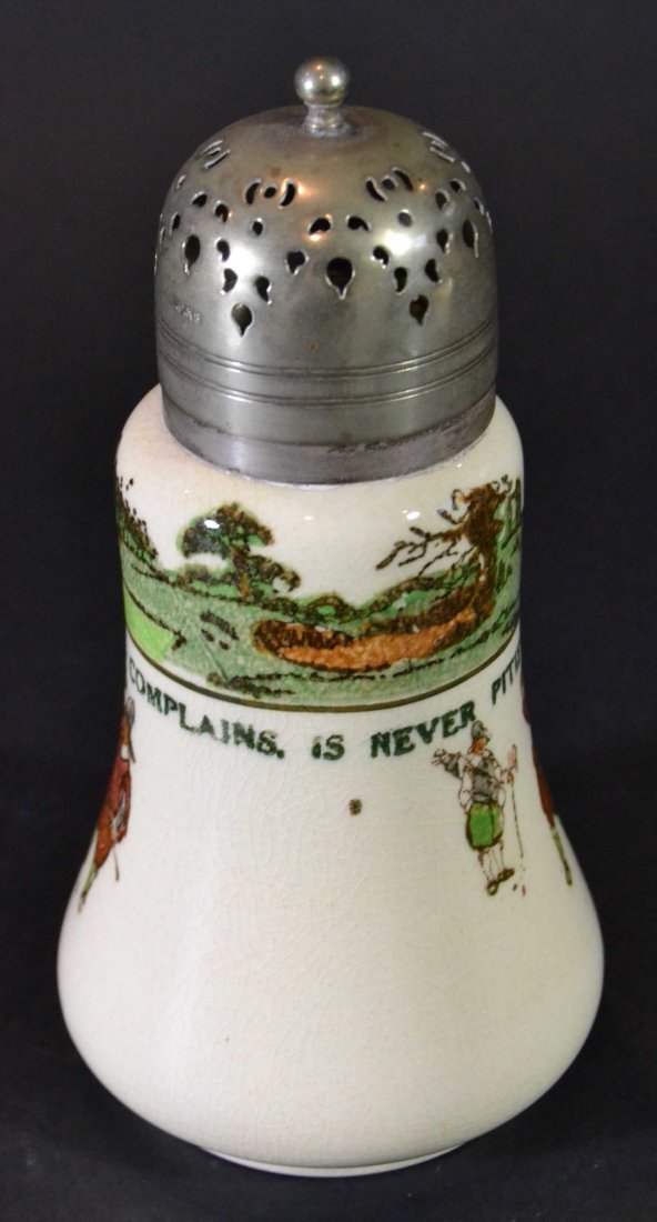 Golf Shaker 'He That Always' . . .Royal Doulton: Description: A Royal Doulton cheese shaker, illustrated from Charles Crombie's famous Rules of Golf book. Golf theme dinnerware. The cheese shaker reads He that always complains is never pitted. Mater