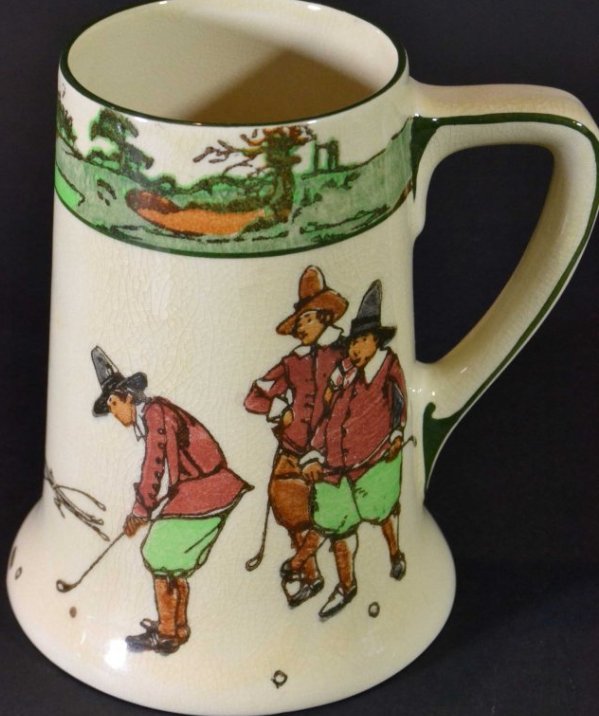 Golf Mug, Royal Doulton: Description: A Royal Doulton large handled beer mug, illustrated from Charles Crombie's famous Rules of Golf book. Golf theme dinnerware. Material: earthenware Maker/Artist: Royal Doulton Date: Circa 