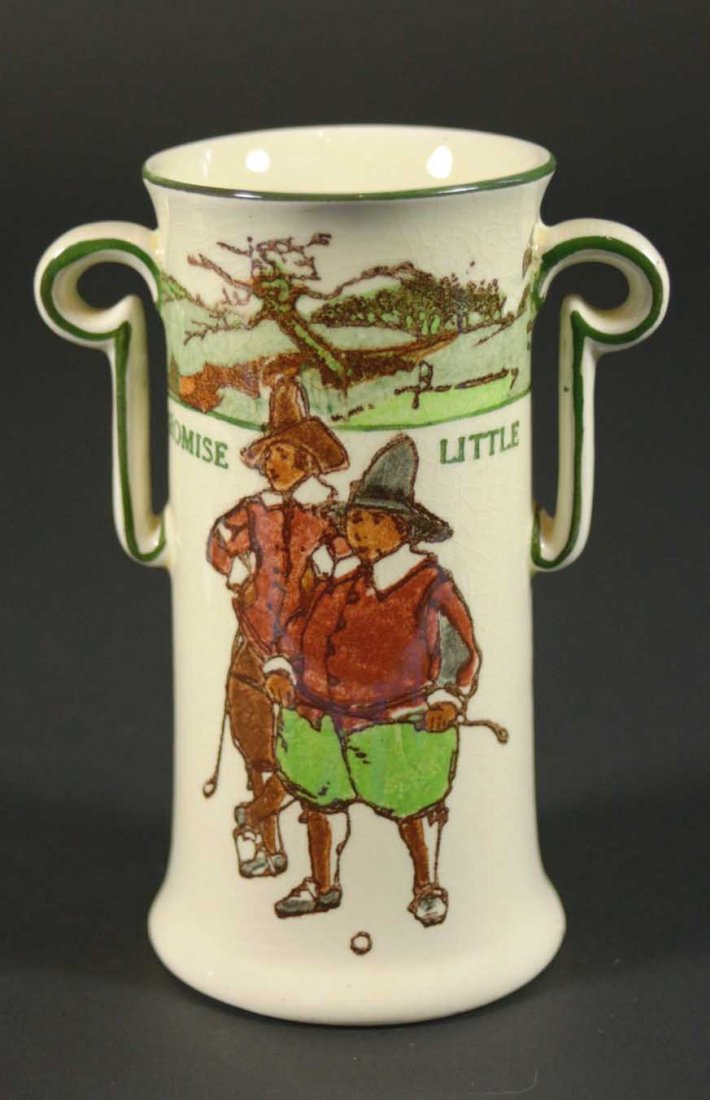 Golf Vase 'Promise Little'Royal Doulton: Description: A Royal Doulton bud vase, illustrated from Charles Crombie's famous Rules of Golf book. Golf theme dinnerware. The bud vase reads Promise little and do much. Material: Earthenware Maker/A