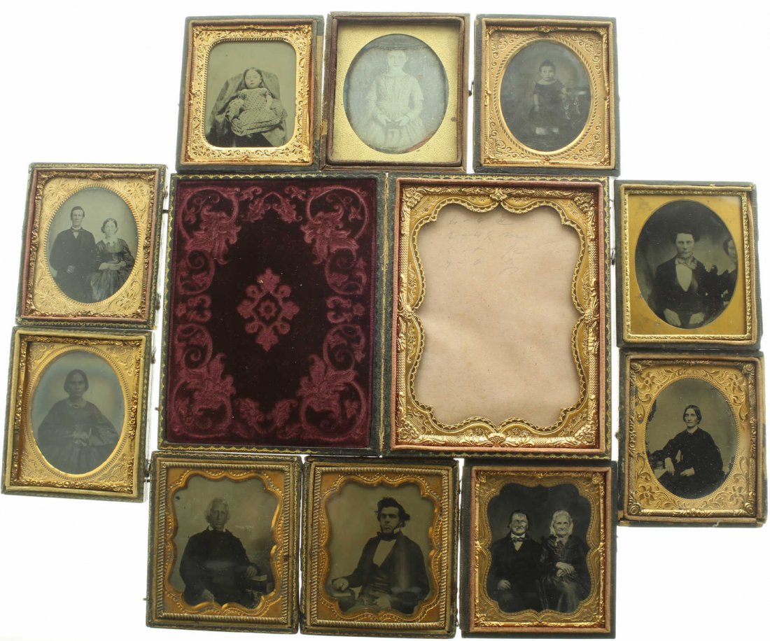 (12) ambrotype & daguerreotype: Description: 1.Plate Size: ½ platePhoto type: no imagePhotographer: Hand Coloration: Subject Matter: no pictureCase Name: grapes and leaves with scalloped borderCase Type/Maker: Date of image: Condit