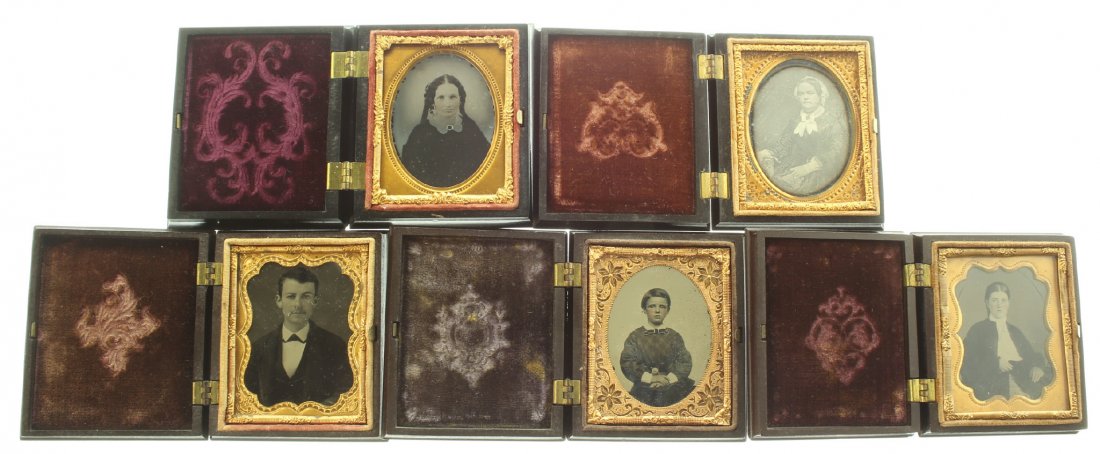 (4) 1/9 plate ambrotype 1/9 plate daguerreotype: Description: 1.Plate Size: 1/9 platePhoto type: DaguerreotypePhotographer: Unknown Hand Coloration: Cheeks/giltSubject Matter: Woman seatedCase Name: Link DesignCase Type/Maker: S. Peck & Co., Plastic