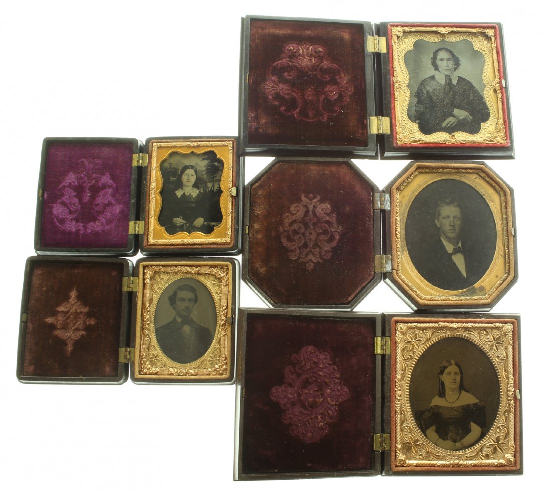 (5) 1/6 & 1/9 plate ambrotype: Description: 1.Plate Size: 1/6 platePhoto type: AmbrotypePhotographer: Unknown Hand Coloration: Cheeks/giltSubject Matter: WomanCase Name: Floral MotifCase Type/Maker: UnknownDate of image: C. 1860Con