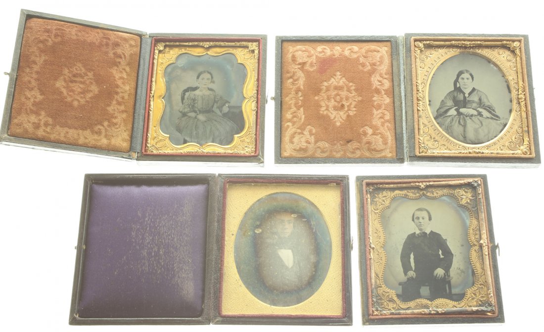 (3) 1/6 plate ambrotype & (1) daguerreotype: Description: 1.Plate Size: 1/6 platePhoto type: DaguerreotypePhotographer: Unknown Hand Coloration: noneSubject Matter: ManCase Name: The Delicate Roses, VariantCase Type/Maker: UnknownDate of image: 
