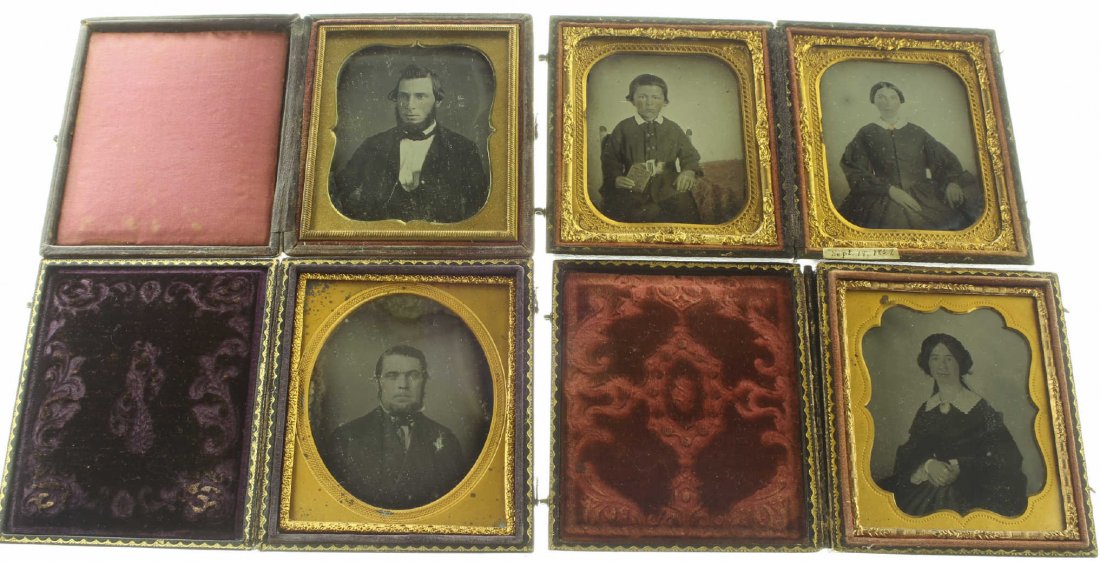(4) 1/6 plate ambrotype & daguerreotype: Description: 1. Plate Size: 1/6 platePhoto type: DaguerreotypePhotographer: Unknown Hand Coloration: cheeksSubject Matter: ManCase Name: Two LiliesCase Type/Maker: UnknownDate of image: C.1850Conditio